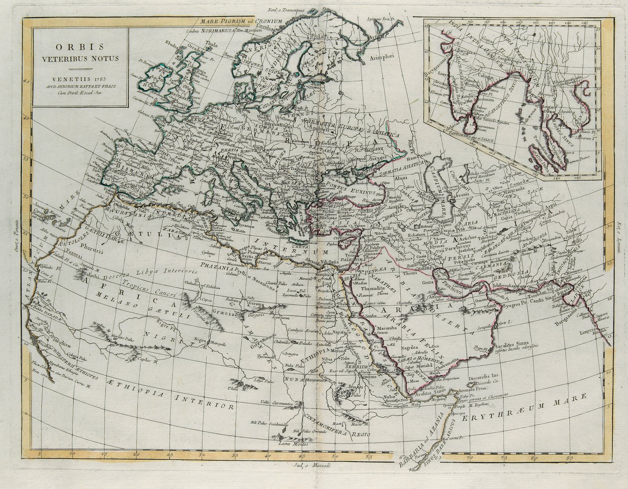 Mundo conocido por los antiguos, grabado por G. Zuliani tomado del Tomo IV del Nuevo Atlas publicado en Venecia en 1785 por Antonio Zatta, Colección Privada de G. Zuliani