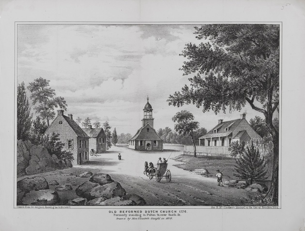 Iglesia Reformada Holandesa Antigua en 1776, dibujada por Miss Elizabeth Sleight en 1808, impresa para el Manual de la Ciudad de Brooklyn de H. McCloskey, 1864 de G. after Hayward