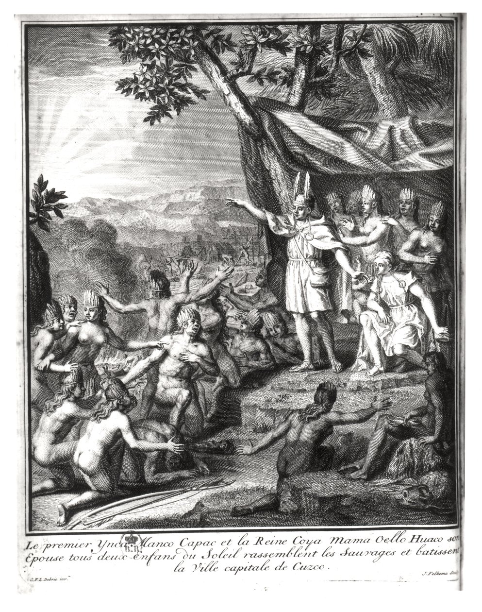 Manco Capac y su esposa, Coya Mama Oello Huaco, reuniendo a los salvajes y construyendo Cuzco de Gabriel Francois Louis Debrie