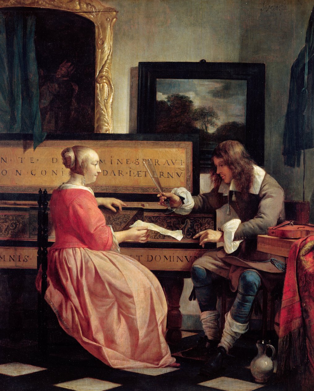 Un hombre y una mujer sentados junto a un virginal, c.1665 de Gabriel Metsu