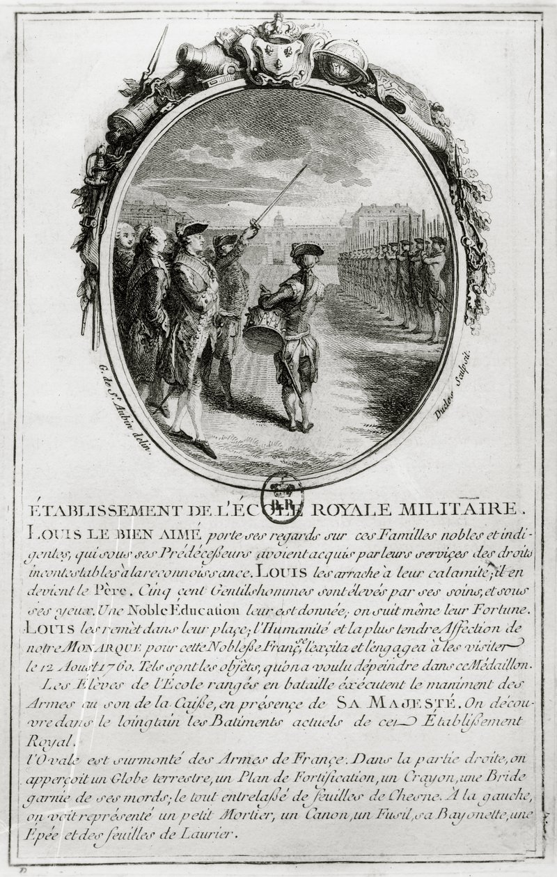Luis XV visitando la Escuela Militar en París, 12 de agosto de 1760, grabado por Antoine Duclos de Gabriel de Saint Aubin