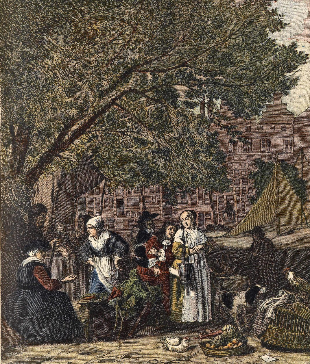 El mercado de hierbas de Ámsterdam. Grabado del siglo XIX después de la pintura de Gabriel Metsu (1629-1667). de Gabriel (after) Metsu