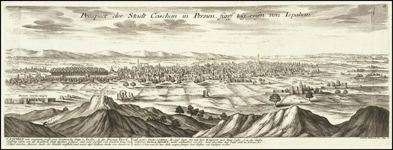 1720 ilustración - Perspectiva de la ciudad de Cashan en Persia a cinco días de viaje desde Ispahan de Gabriel Bodenehr