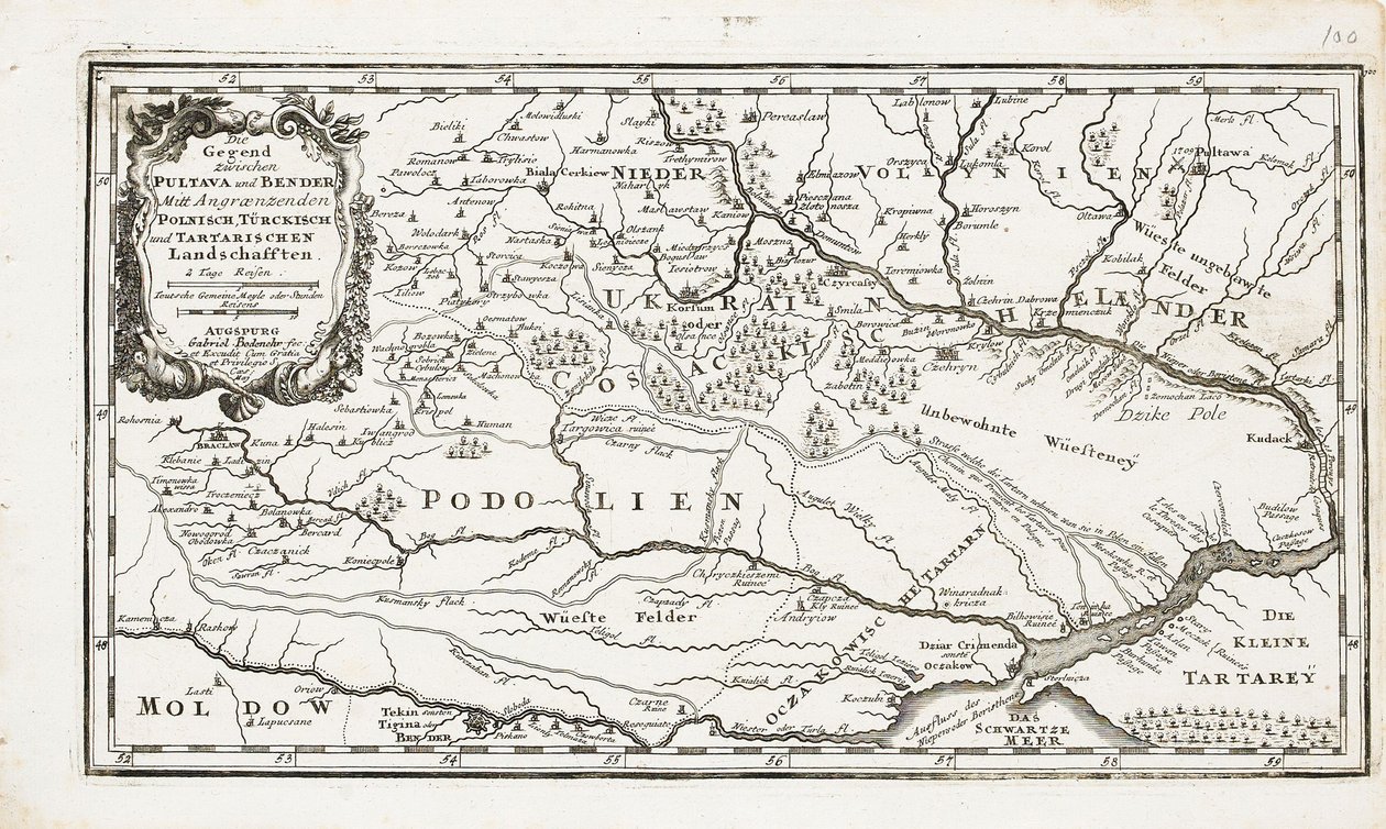 Mapa que muestra Poltava y Bender de Gabriel Bodenehr the Elder