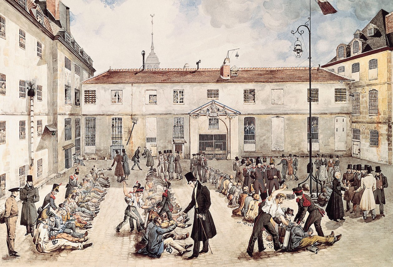 ""Los reclusos de la prisión de Bicetre están encadenados en el patio"" Acuarela de Gabriel Cloquemin (finales del siglo XVIII principios del siglo XIX) París Musée Carnavalet de Gabriel Cloquemin