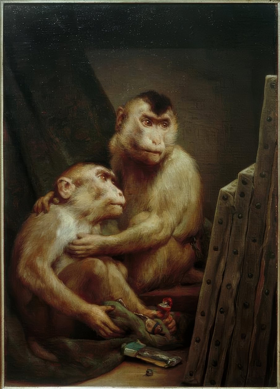 Monos mirando una pintura de Gabriel Cornelius Ritter von Max