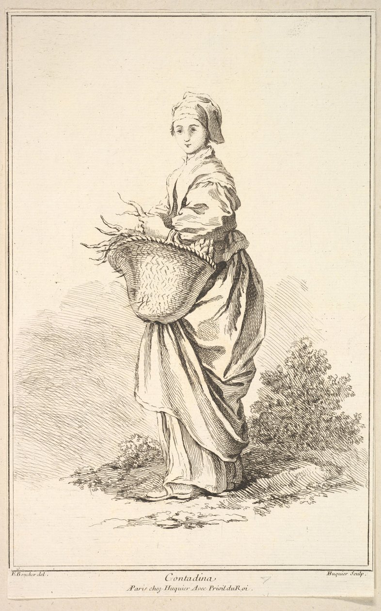 Campesina, del Recueil de diverses figures étrangères inventadas por F. Boucher de Gabriel Huquier