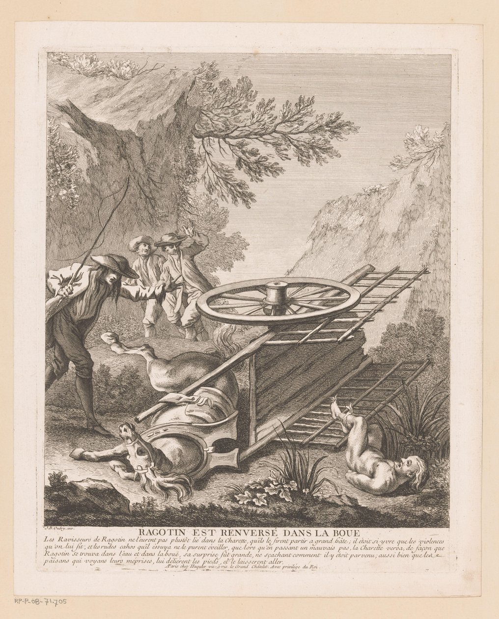 Ragotin valt van de wagen Ragotin es derribado en el barro (título sobre objeto) Escenas de Roman Comique van Scarron (título de la serie) de Gabriel Huquier