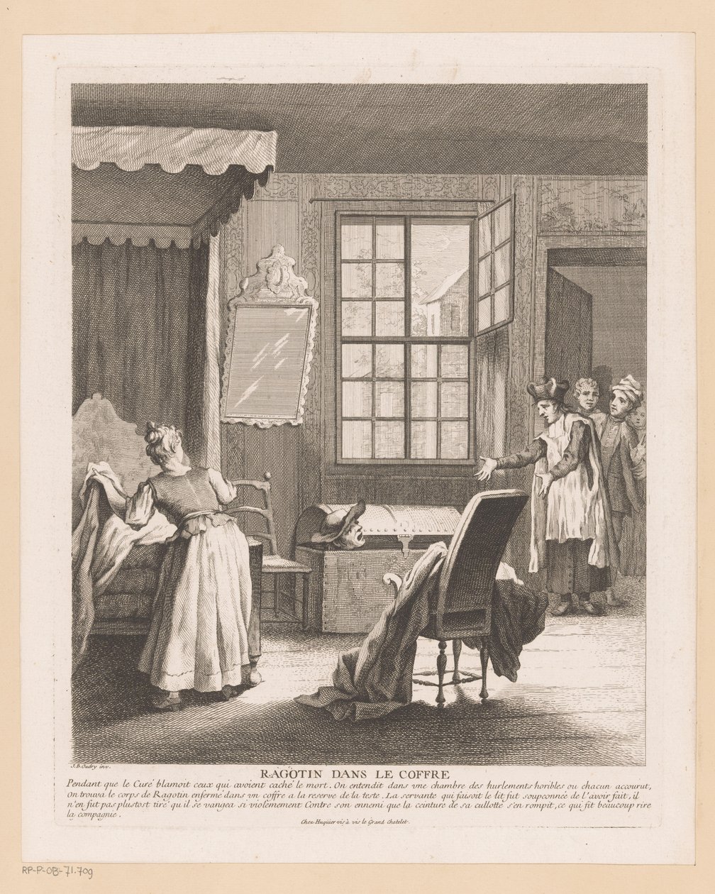 Slaapkamerinterieur conoció a Ragotin en un beso Chismes en el baúl (título sobre el objeto) Escenas de Roman Comique van Scarron (título de la serie) de Gabriel Huquier