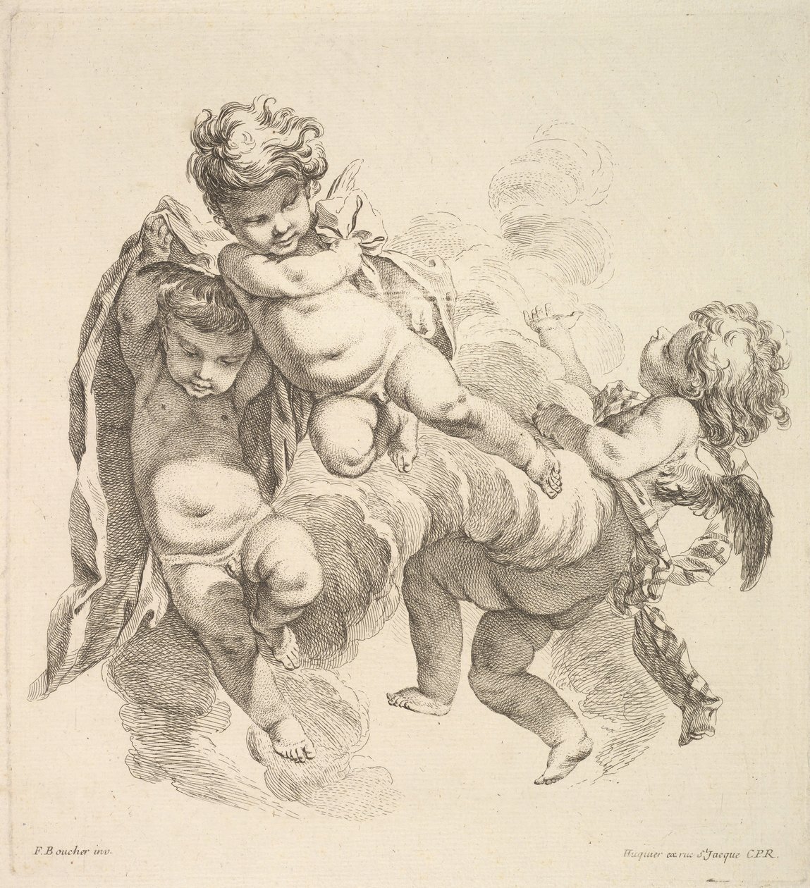 Tres niños entre nubes llevando una cortina de Gabriel Huquier