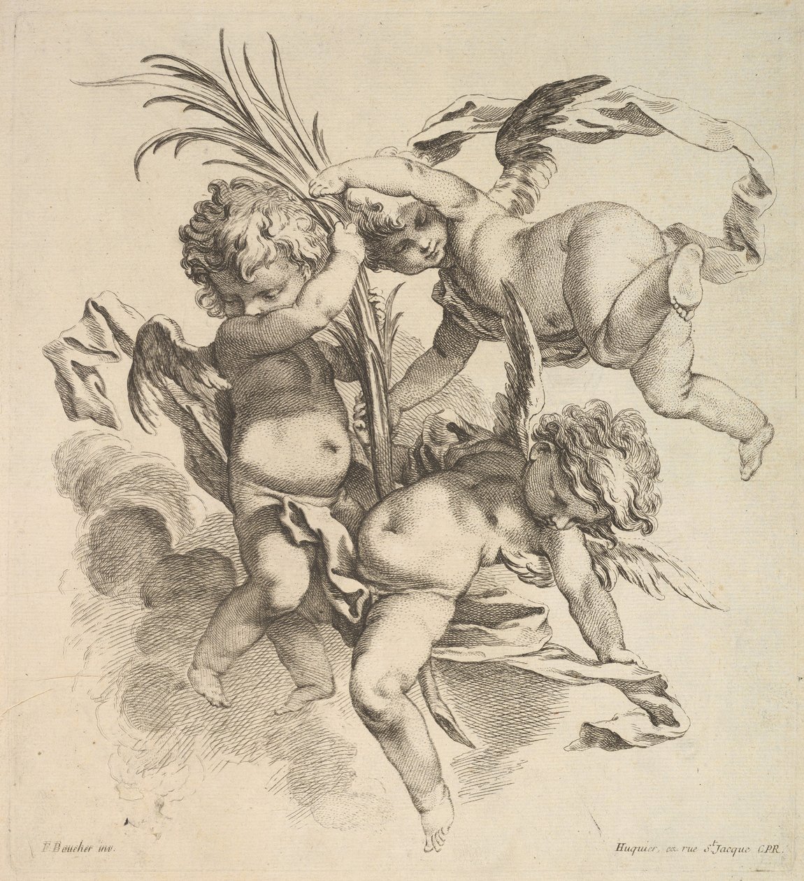 Tres niños entre nubes cerca de una hoja de palma, 1738-45 de Gabriel Huquier