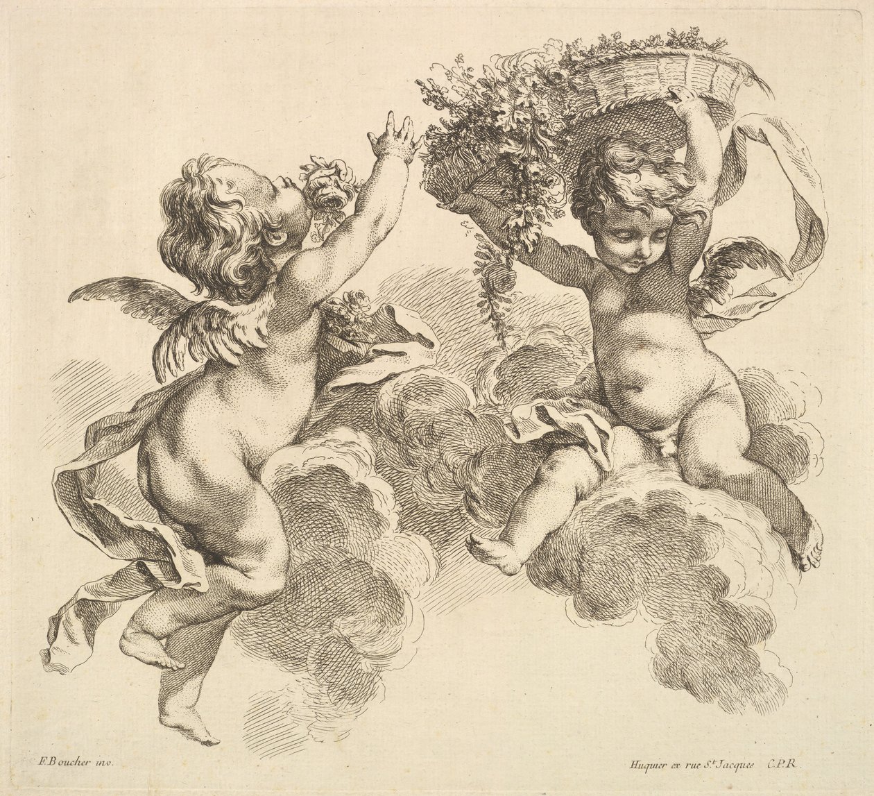 Dos niños, uno sosteniendo una canasta con flores, 1738-45 de Gabriel Huquier