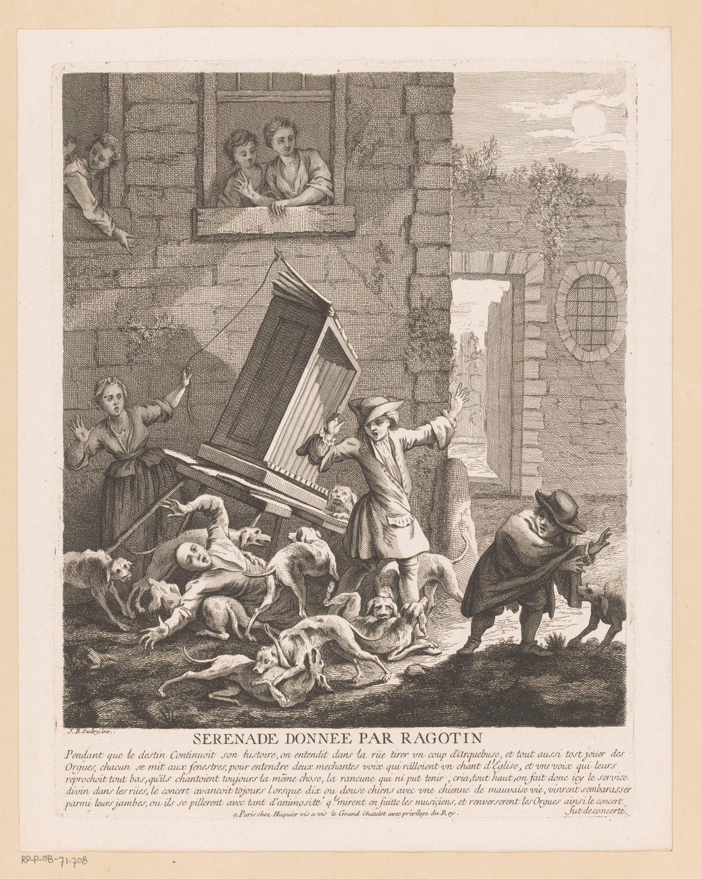 Interrupción de la interpretación del órgano por parte de perros callejeros Serenade donnée par Ragotin (título sobre objeto) Escenas de Roman Comique de Scarron (título de la serie) de Gabriel Huquier