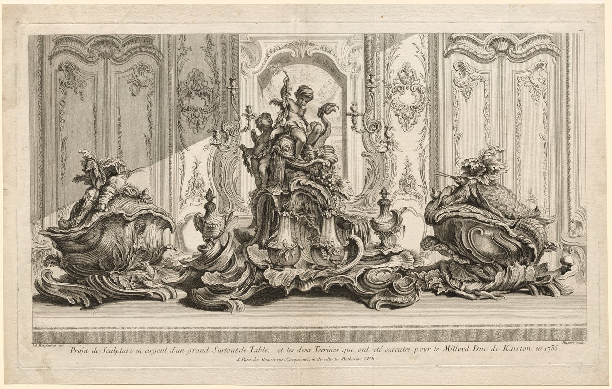 Works of Juste-Aurèle Meissonier:  Silver Sculptural Project for a Large Centerpiece and Two Tureens Which Have Been Executed for His Lordship the Duke of Kingston de Gabriel Huquier