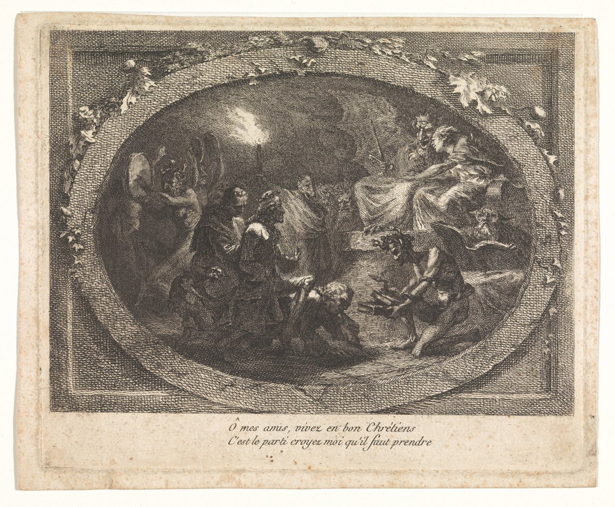 Voltaire llegó al infierno de Gabriel Jacques de Saint Aubin (school of)