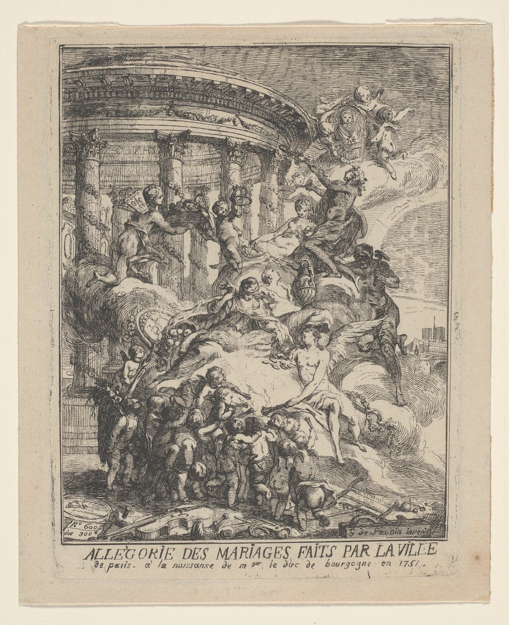 Alegoría de los matrimonios hechos por la ciudad de París al nacimiento del Duque de Borgoña de Gabriel Jacques de Saint Aubin