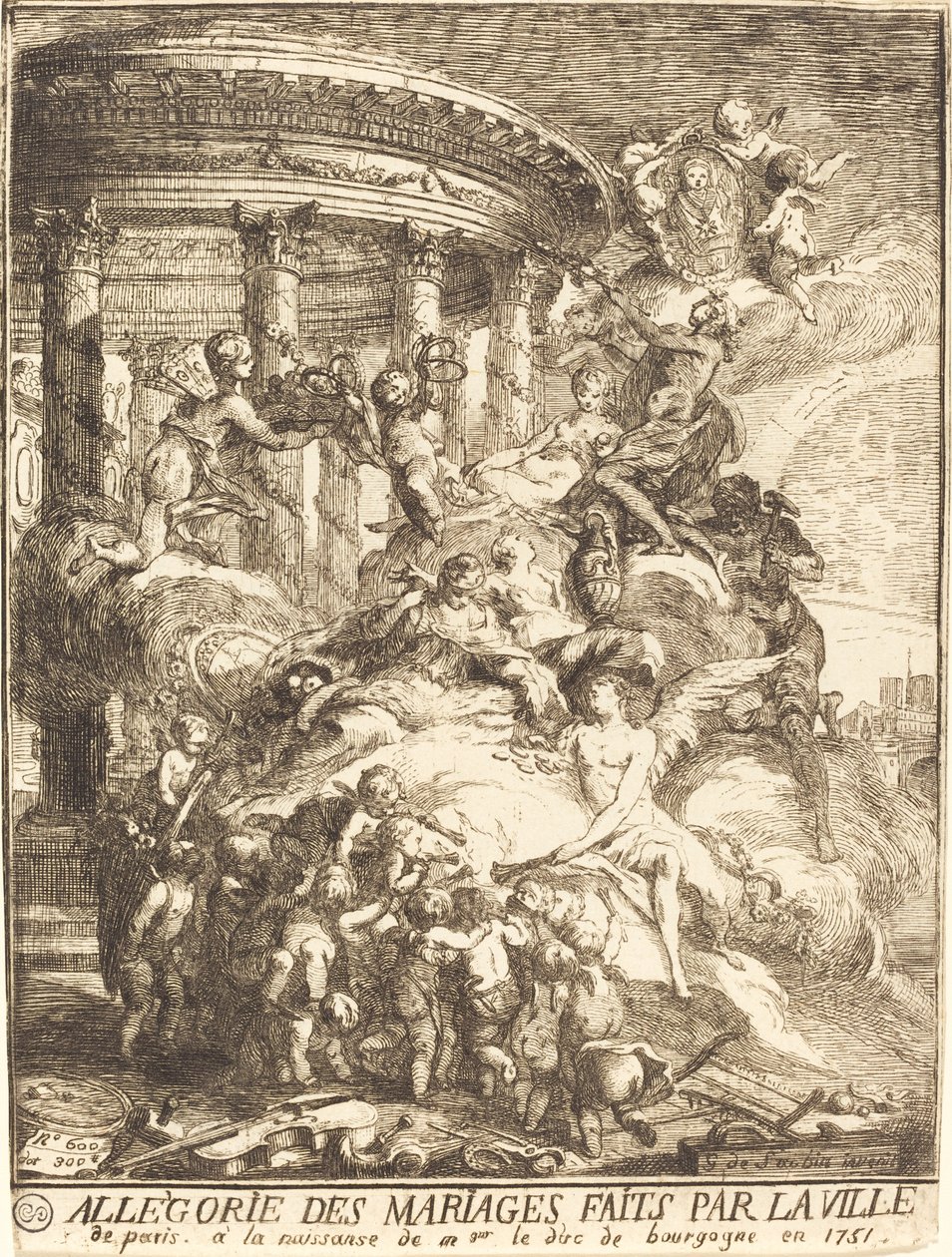 Alegoría de los matrimonios hechos por la ciudad de París al nacimiento del Duque de Borgoña de Gabriel Jacques de Saint Aubin