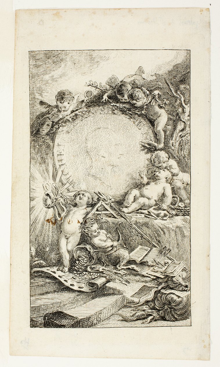 Frontispicio, lámina uno de Recueil de Poésies de Sedaine de Gabriel Jacques de Saint Aubin