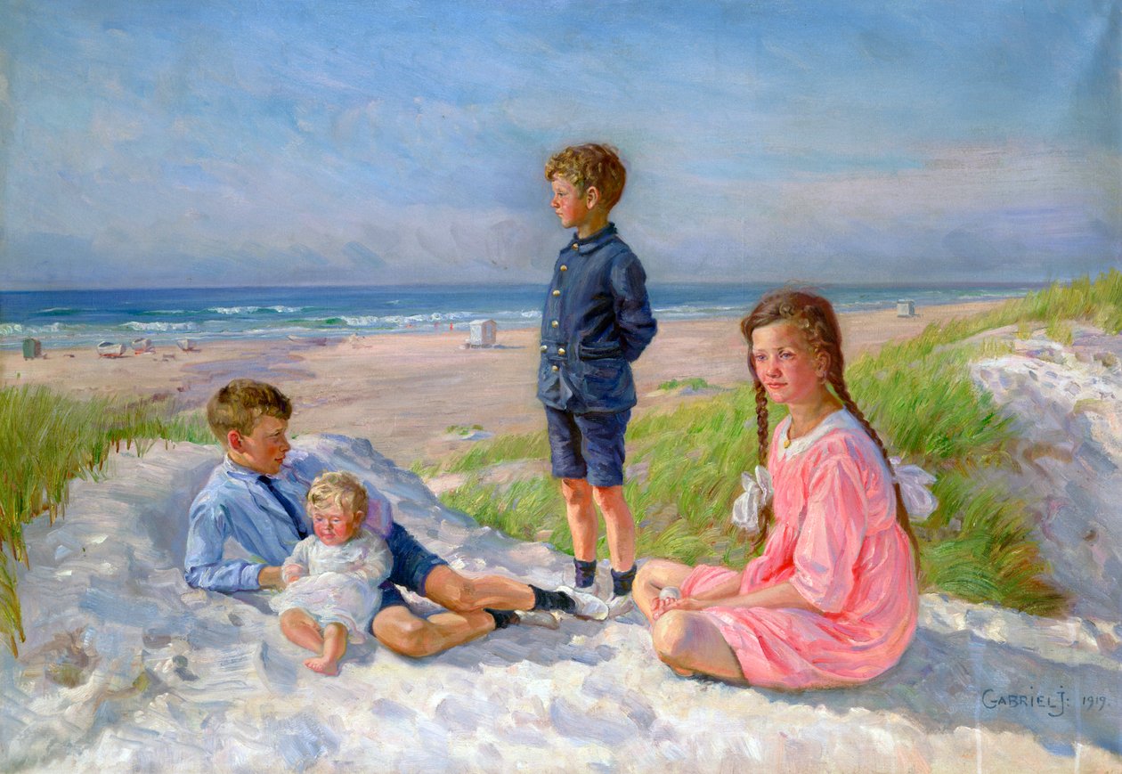 Erik, Else, Ove y Birthe Schultz en la playa, 1919 de Gabriel Jensen
