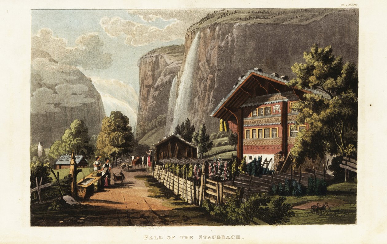 Vista de la cascada Staubbach, una cascada en Suiza, situada justo al oeste de Lauterbrunnen, en las tierras altas de Berna de Gabriel Ludwig (after) Lory