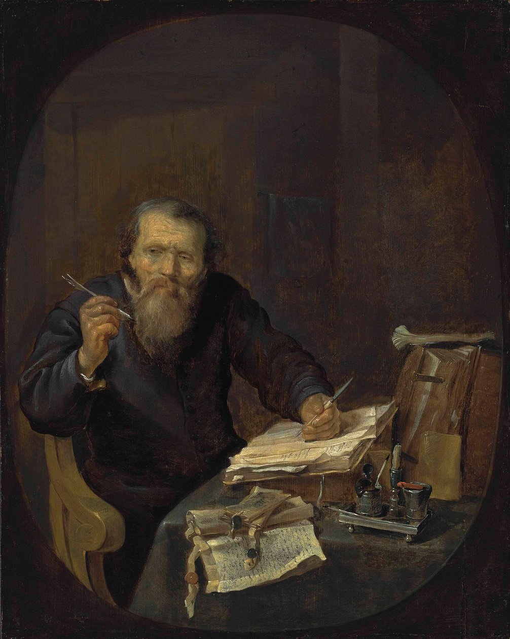 Un notario afilando su pluma, en un interior de Gabriel Metsu