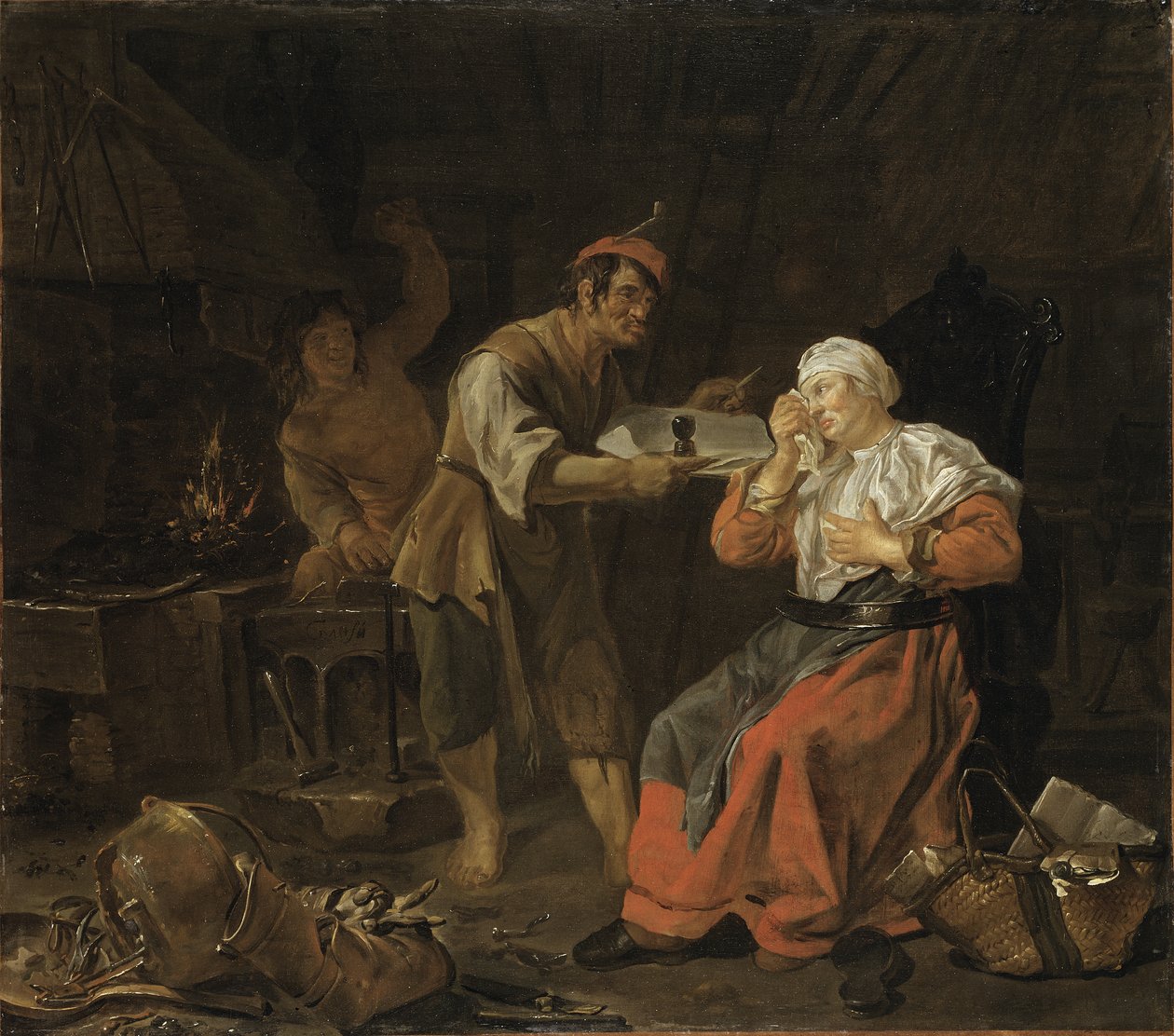 Mujer llorando en una herrería, c.1650 de Gabriel Metsu