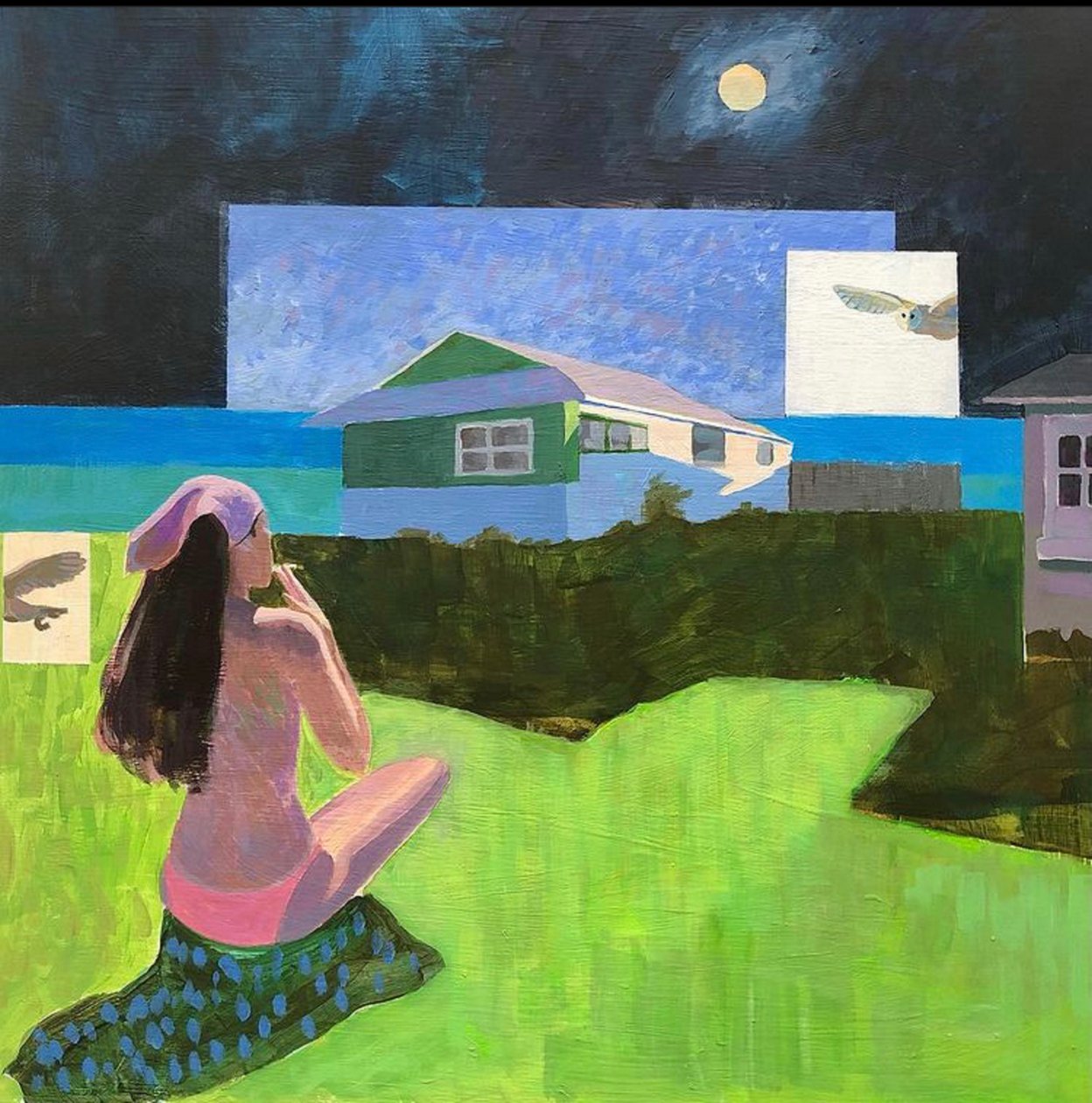Night Cig With Night Owl, 2022 (acrílico sobre tablero de madera) de Gabriel Palma