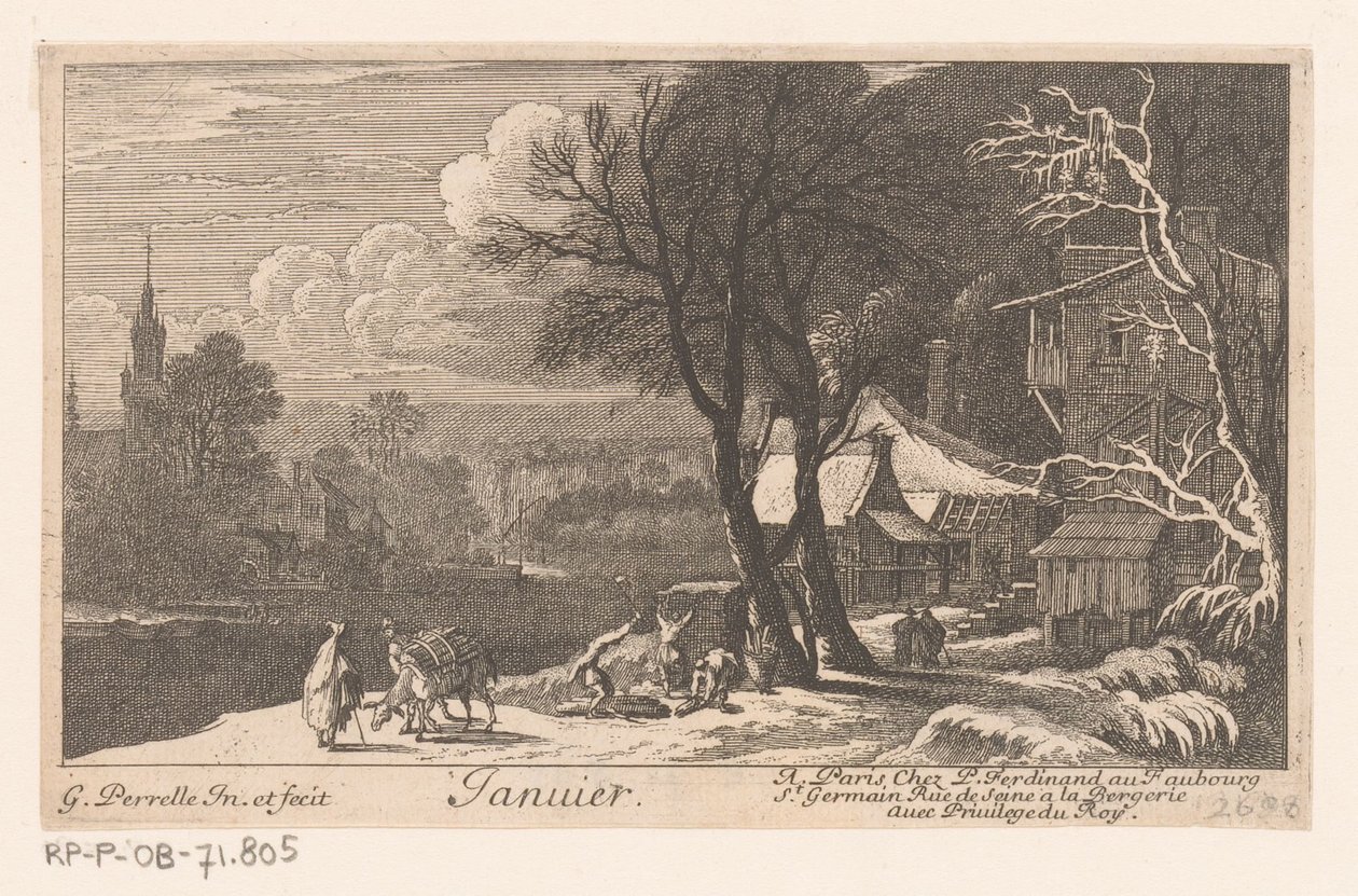 Impresión de título con paisaje en el mes de enero. Janvier (título sobre objeto) Doce meses (título de la serie) de Gabriel Perelle