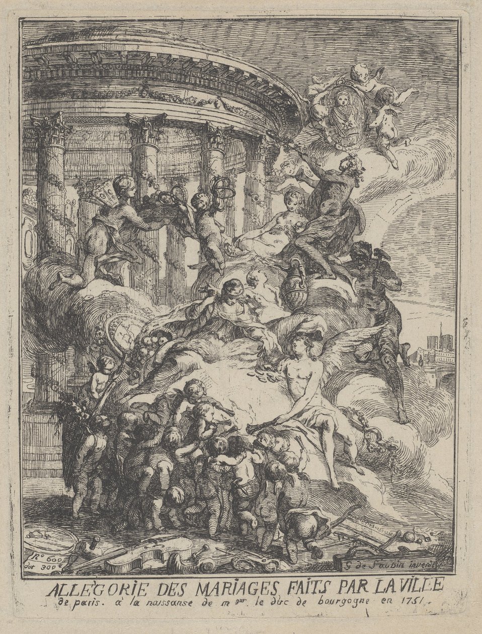 Alegoría de los matrimonios hechos por la ciudad de París al nacimiento del duque de Borgoña, 1751 de Gabriel de Saint Aubin