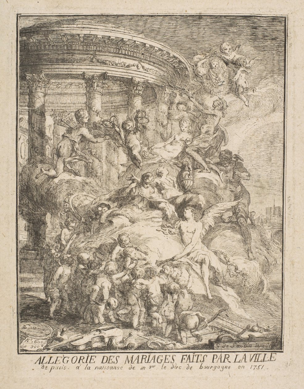 Alegoría de los matrimonios hechos por la Ciudad de París al nacimiento del Duque de Borgoña de Gabriel de Saint Aubin