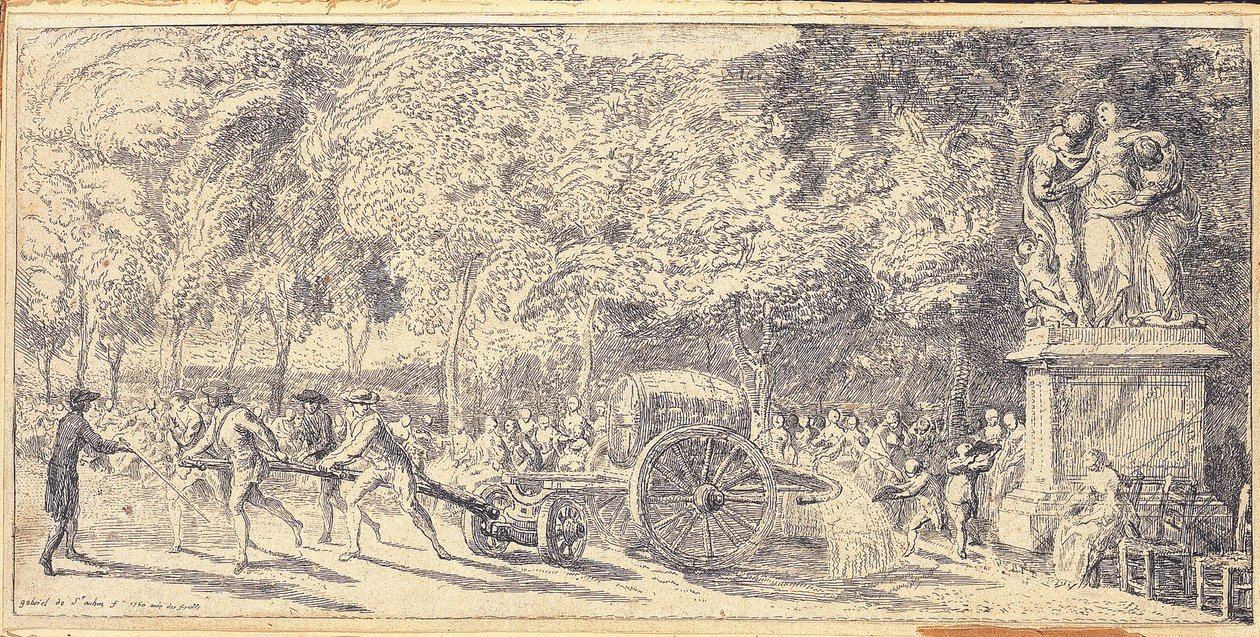 Figuras tirando de un barril en un carrito en los Jardines de las Tullerías, 1760 de Gabriel de Saint Aubin