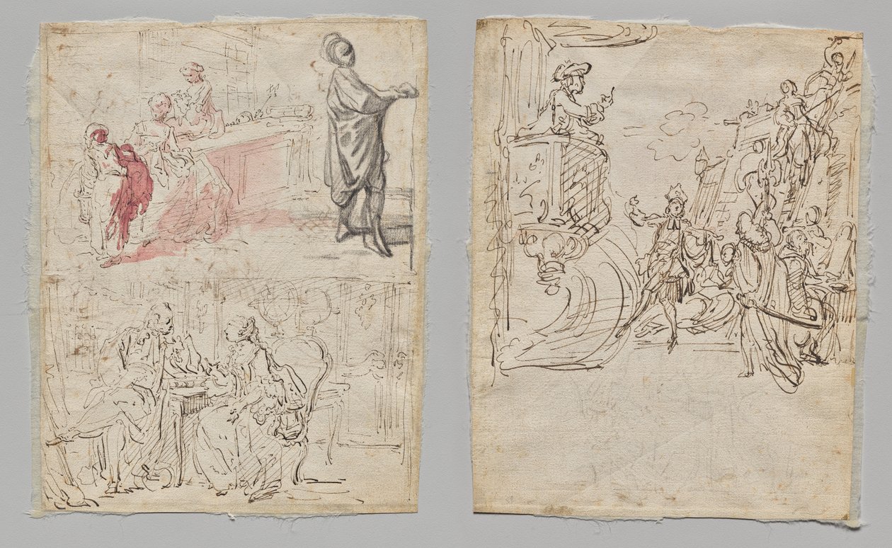 Escena teatral (anverso); Boutique de lencería y conversación (verso) de Gabriel de Saint Aubin