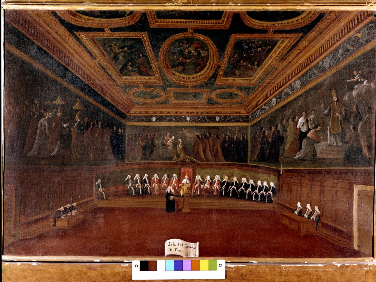 Consejo de los Diez en el Palacio Ducal en el siglo XVIII - Sala Del Consiglio di Dieci 1725 - La Sala del Consejo de los Diez, Palacio Ducal, Venecia (siglo XVIII) de Gabriele Bella
