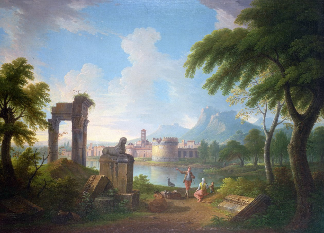 Paisaje fluvial montañoso con la tumba de Cecilia Metella y el campanario de Campovaccino, 1752 de Gabrielle Ricciardelli