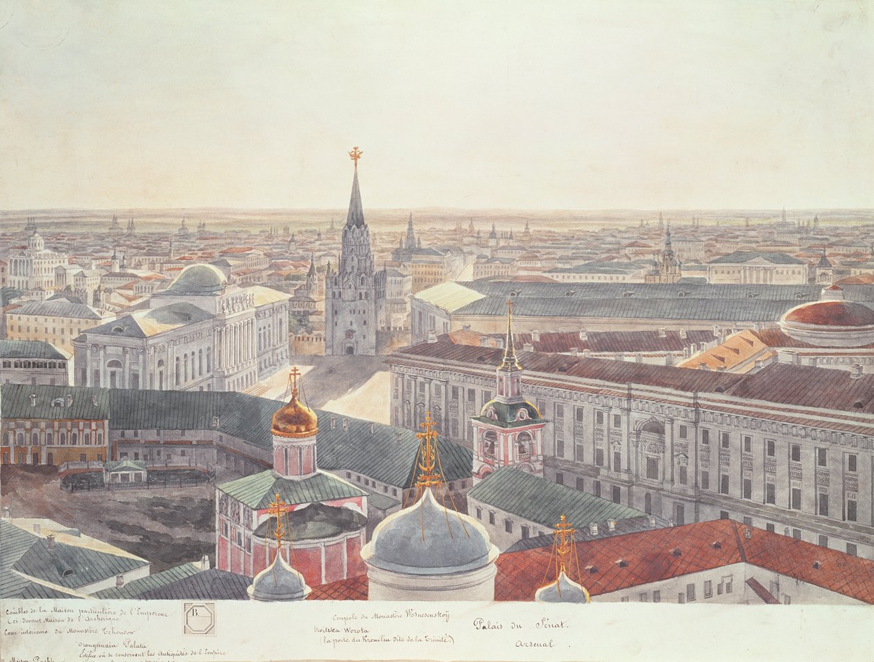 Panorama de Moscú, que representa el antiguo Palacio del Senado (ahora la Oficina del Gabinete), el Monasterio de Wosnesenskoy y el antiguo Arsenal, 1819 de Gadolle