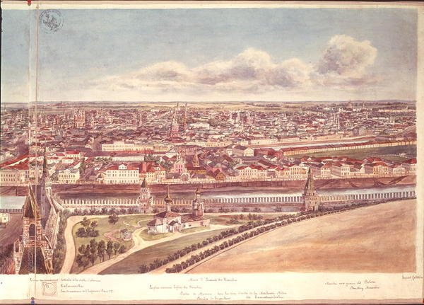 Panorama de Moscú, representando las murallas del Kremlin y el río Moskva, 1819 de Gadolle