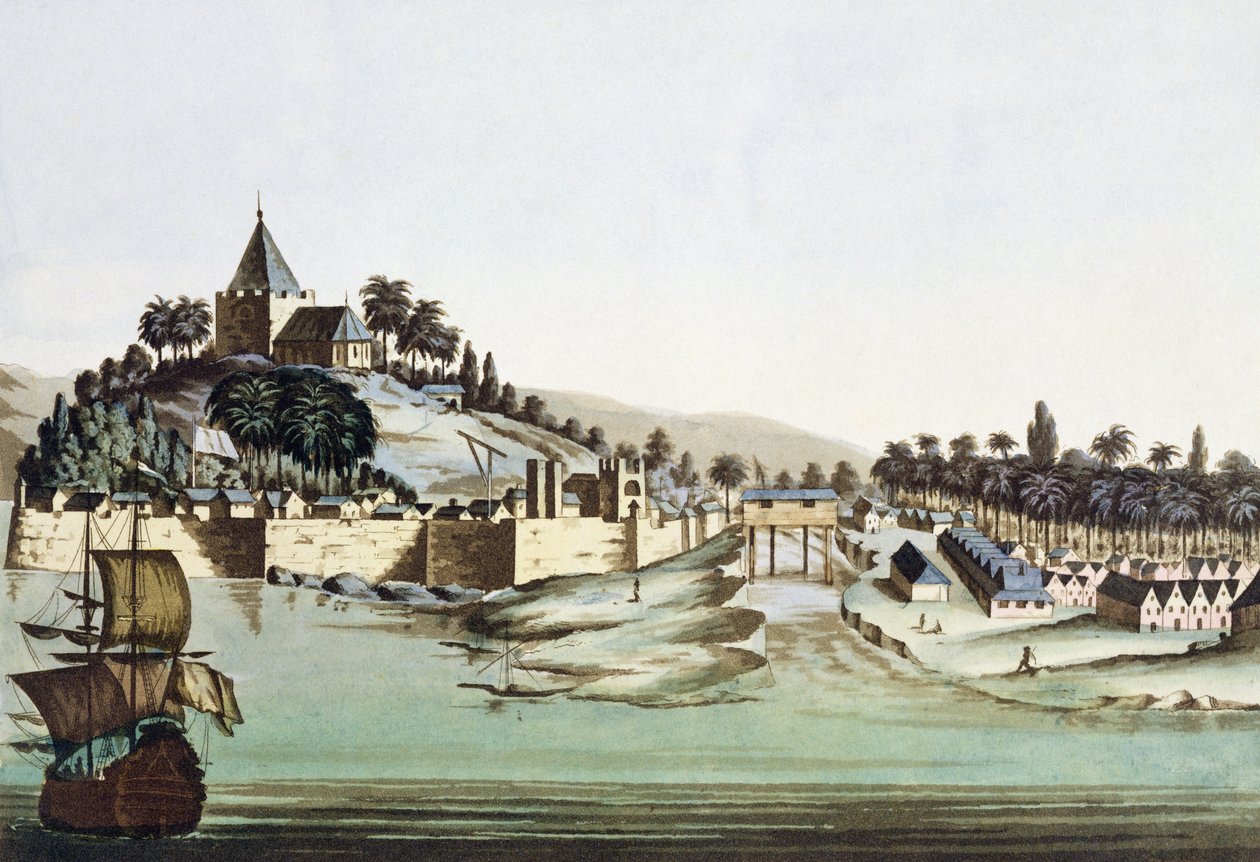 El puerto y la ciudad de Malaca, Malasia, ilustración de 