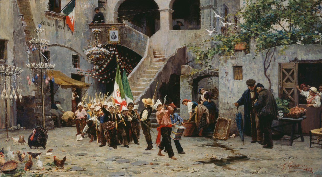 Viva el Rey, procesión de niños con la bandera italiana de Gaetano Capone