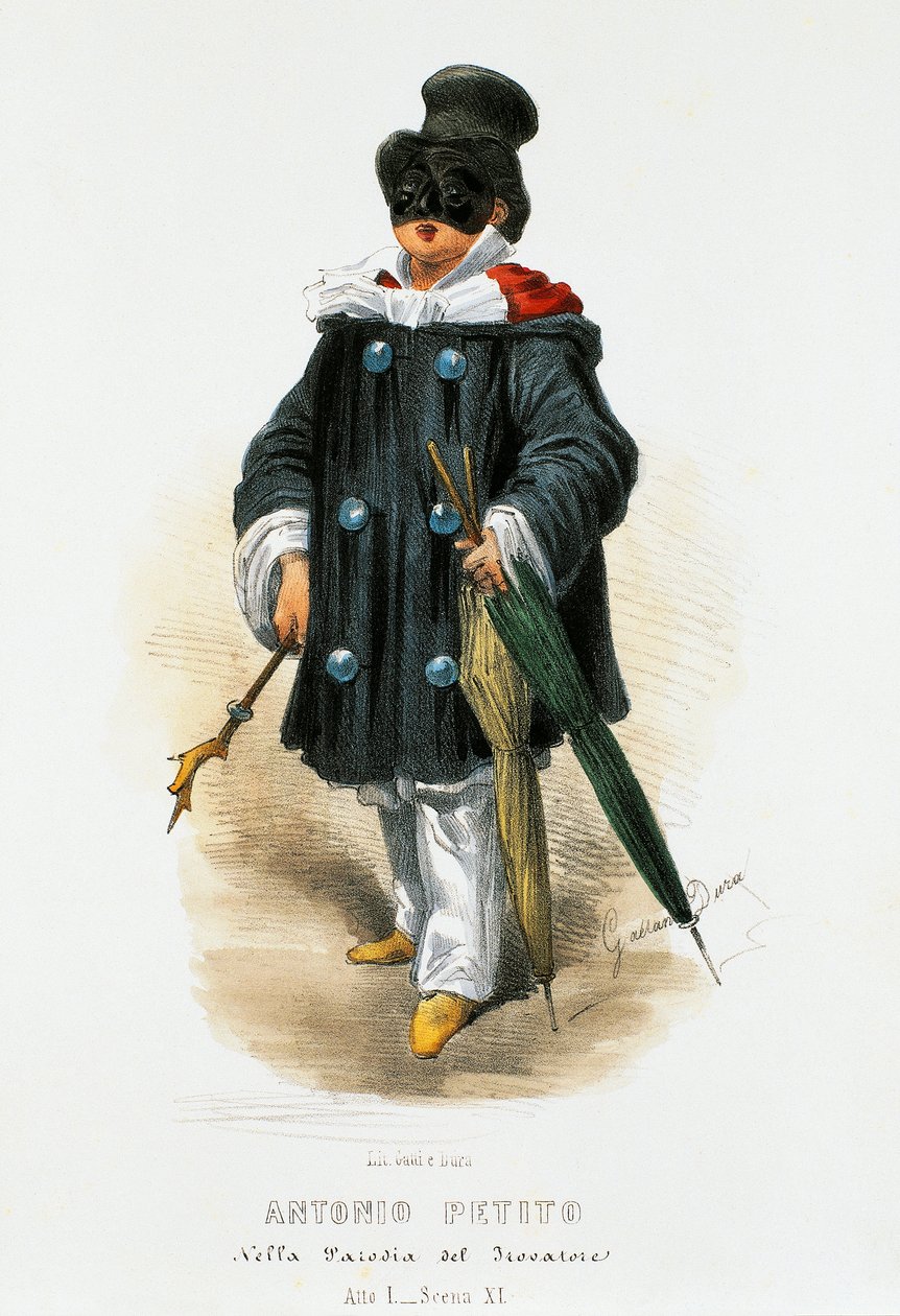 El actor Antonio Petito (1822-1876) en traje de escena en la parodia El Trovador, litografía de Gaetano Dura (1805-1874) de Gaetano Dura