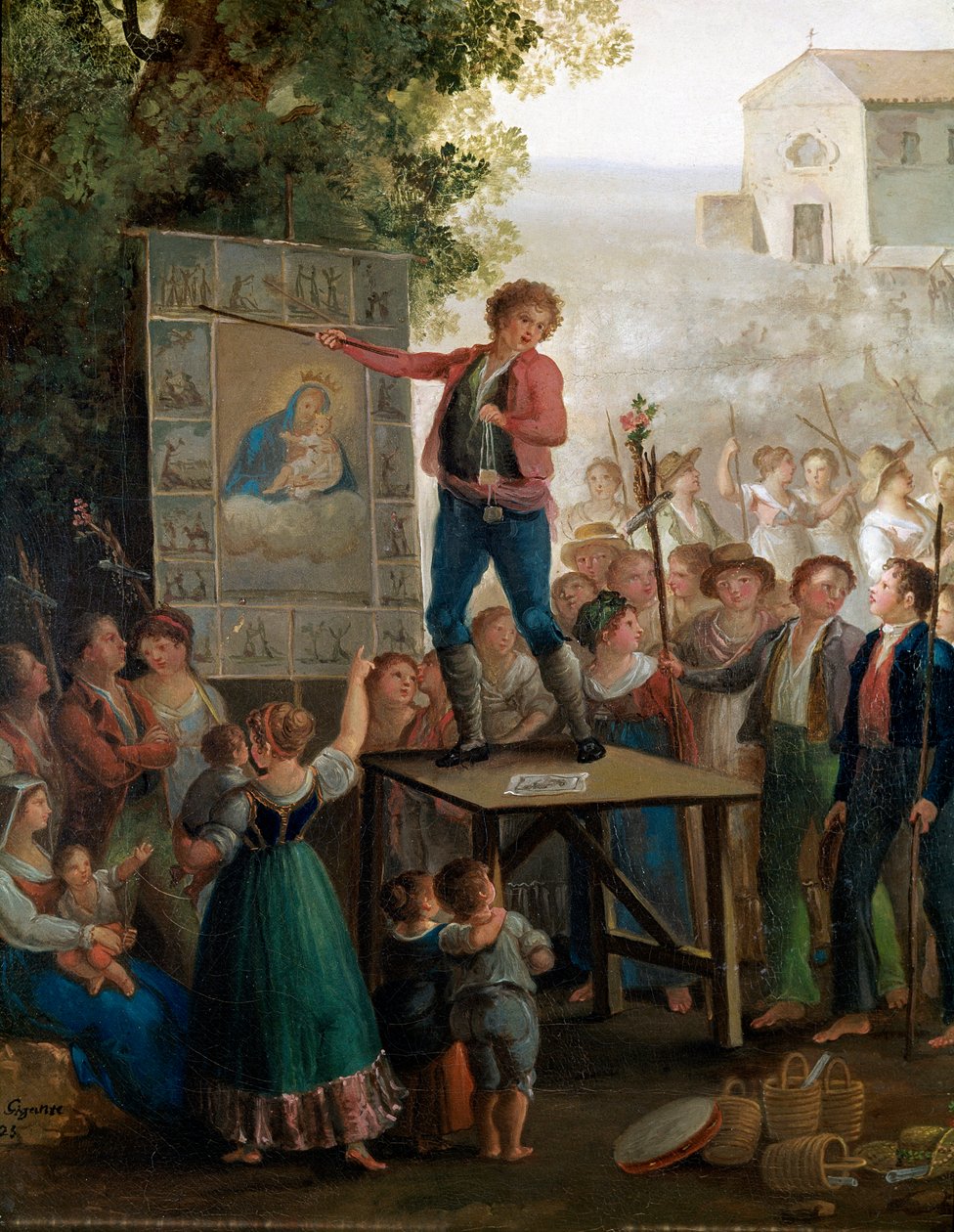 Un artista callejero cantando los milagros de la Virgen en la fiesta de la Madonna dell