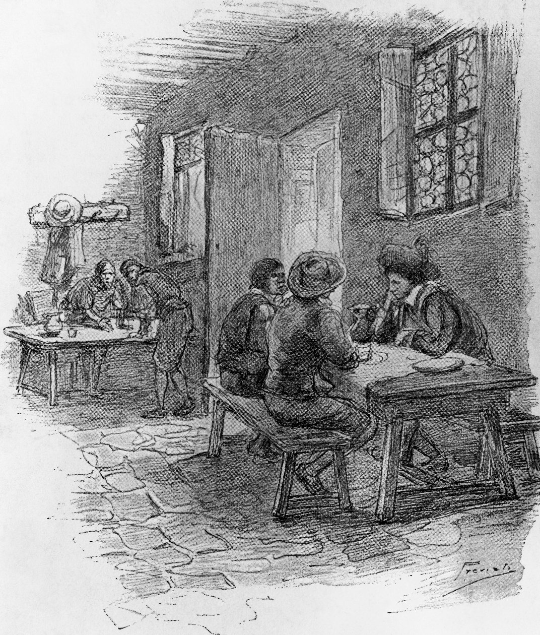 Renzo, Tonio y Gervase en la posada, Capítulo VII, ilustración de Gaetano Previati para 