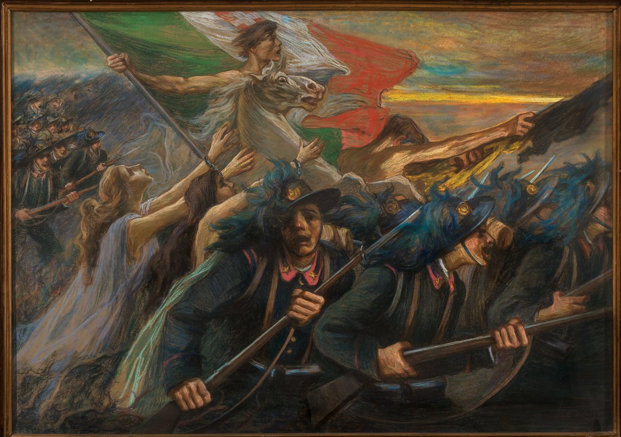 Trento y Trieste, La carga de los Bersaglieri (fusileros) (óleo sobre lienzo) de Gaetano Previati