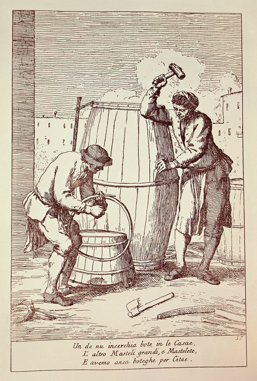 Coopers at work, Grabado de Gaetano Gherardo Zompini (1700-1778) de Las artes de la vida cotidiana en la ciudad de Venecia, Italia de Gaetano Zompini