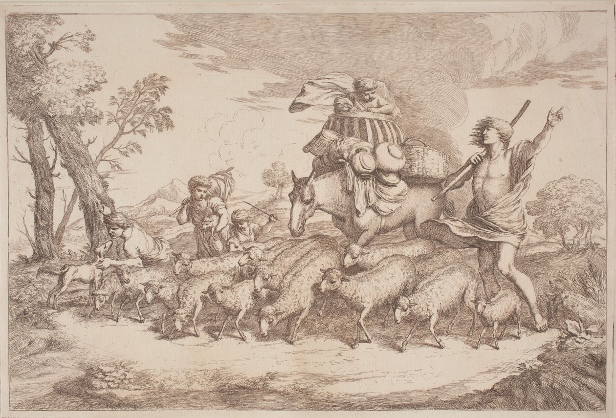 Un viaje pastoral con un niño en una cesta a caballo de Gaetano Zompini, after Giovanni Benedetto Castiglione