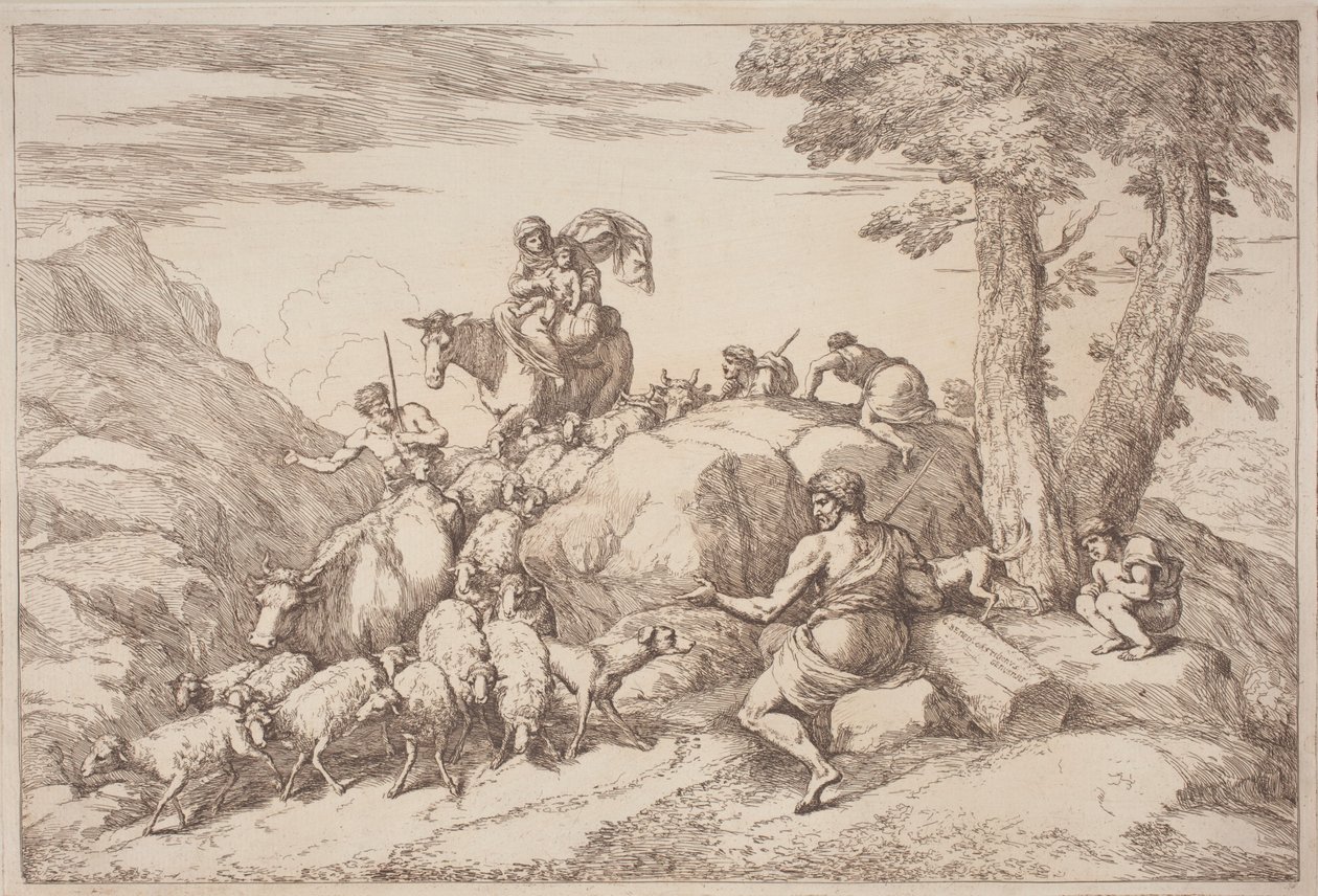 Un viaje pastoral con una madre y un niño a caballo y un pastor anciano sentado de Gaetano Zompini, after Giovanni Benedetto Castiglione