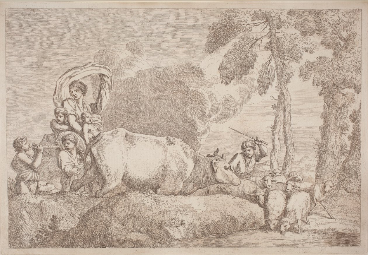 Una mujer con dos niños a caballo de Gaetano Zompini, after Giovanni Benedetto Castiglione