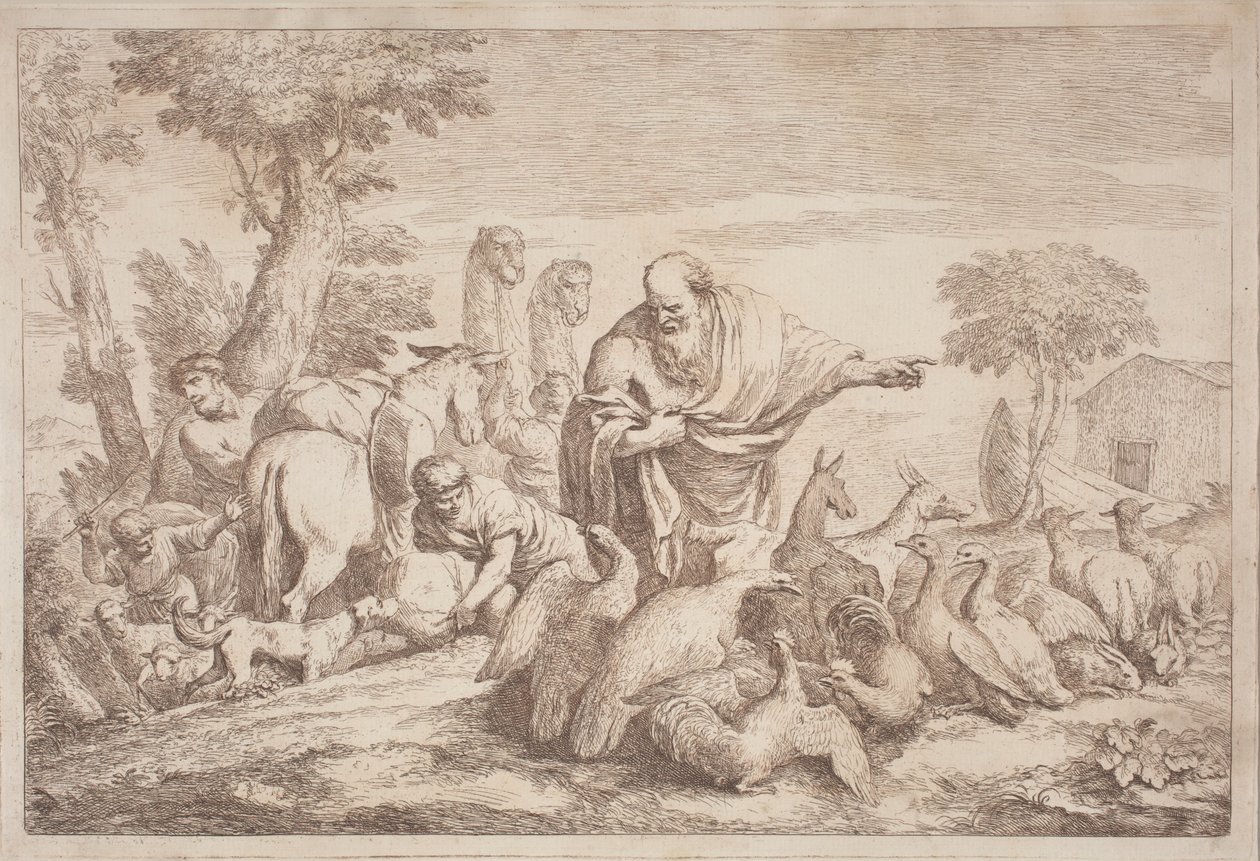 Noé guiando a los animales al arca de Gaetano Zompini, after Giovanni Benedetto Castiglione