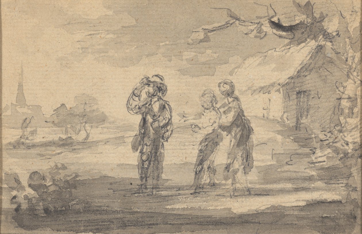 Paisaje con tres figuras, casa de campo y aguja de iglesia de Gainsborough Dupont