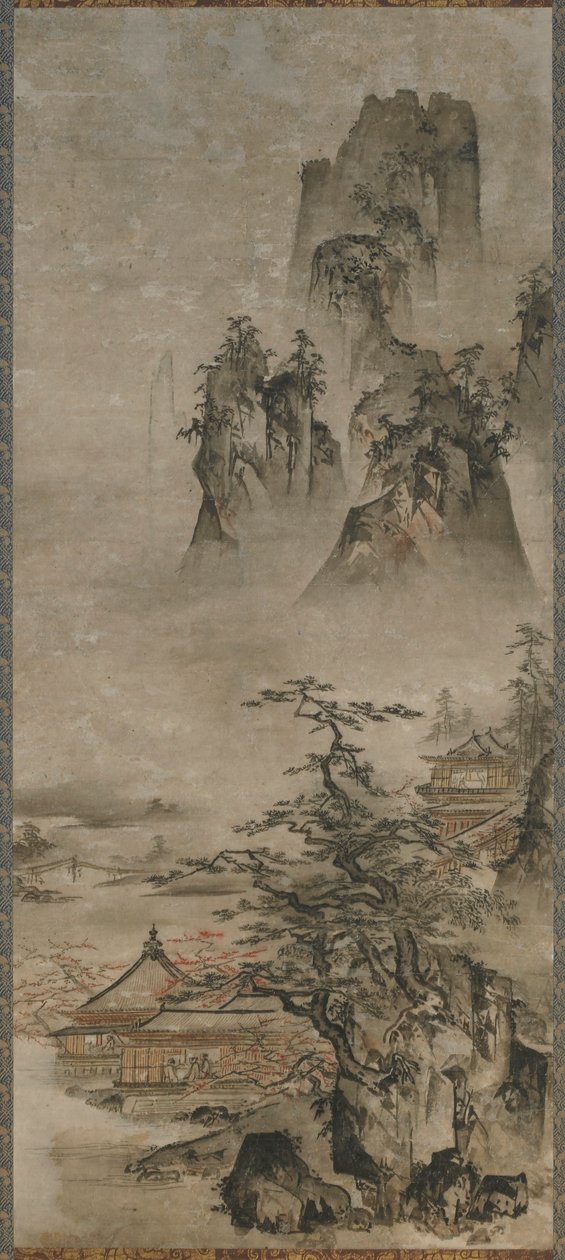 Paisaje: montañas, arroyo y casas de Gakuo Zokyu