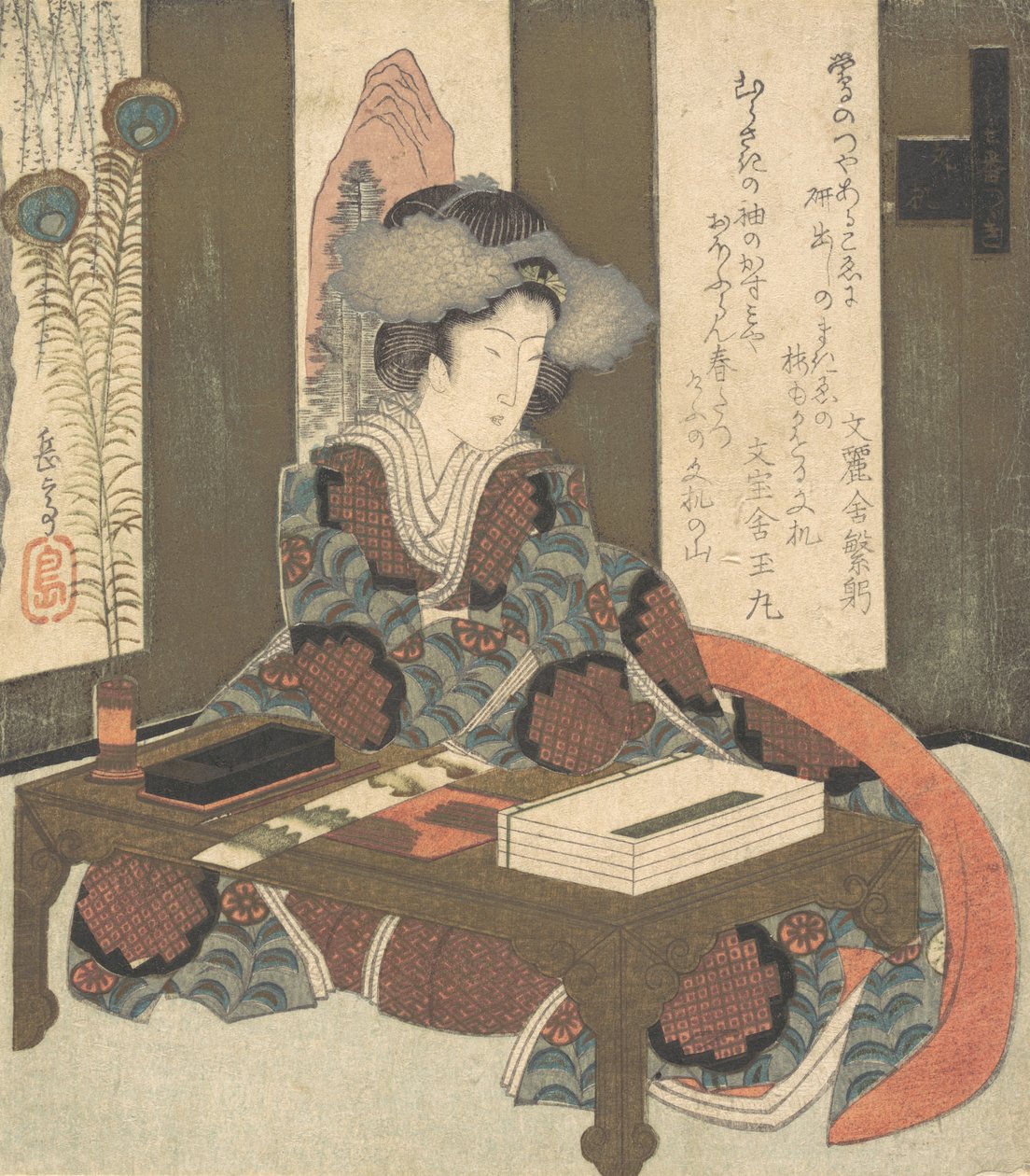Una dama a punto de escribir un poema, ca. 1820 de Gakutei